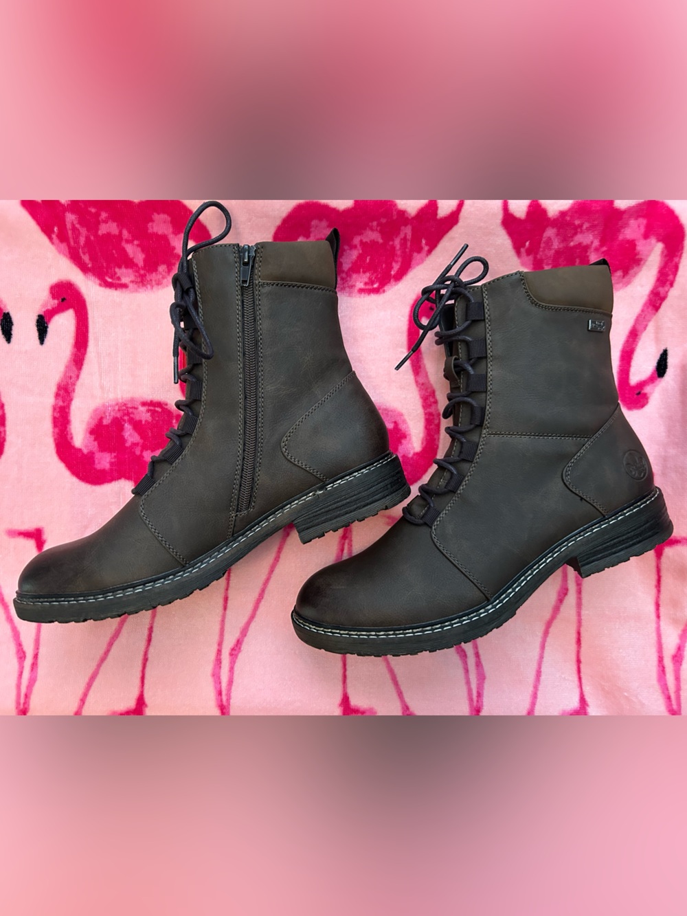 Women’s Dark Brown Lace-Up Combat Boots with Side Zipper Size EUR 42
